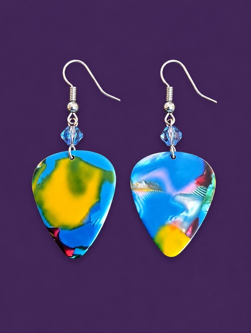 Vintage Rainbow Icy Blue Guitar Pick Dangle Hook Earrings